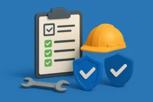 a checklist, hard hat, wrench, and shields with checkmarks arranged to represent the experience, exams, insurance, and documentation required for obtaining a roofing license in florida
