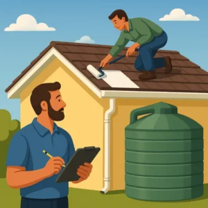a homeowner inspects a rainwater-ready roof while a worker applies a white coating. A water tank collects runoff, highlighting the importance of choosing the right coating for safe water collection.