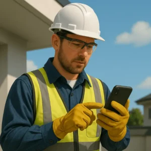 a construction worker in safety gear using a smartphone outside a commercial building, representing the process of checking a contractor’s license online in Florida