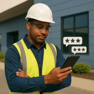 a construction worker in safety gear reviewing something on a mobile device in front of a modern building, representing how to check reviews and verify a roofer’s reputation in Florida