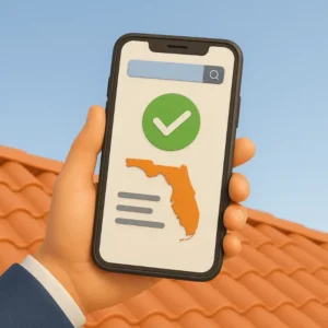 a hand holding a smartphone displaying verified florida roofing credentials, with a green checkmark on the screen and terracotta roof in the background, symbolising online license verification.
