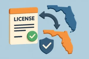 a license document, two state maps connected by arrows, and a shield icon illustrating license requirements and limitations when working across state lines in and out of florida
