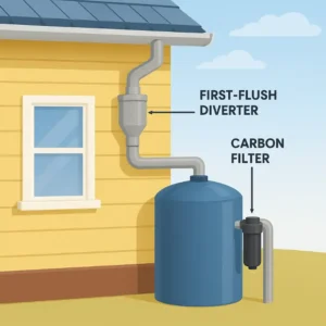 a yellow house with a rainwater harvesting system showing a first-flush diverter, carbon filter, and water tank, illustrating key best practices to keep roof-harvested water clean.