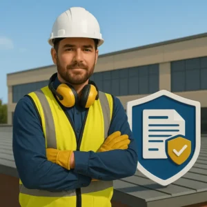 a construction professional in safety gear standing on a rooftop with arms crossed beside a shield icon, representing trust, licensing, and safeguarding your business by hiring qualified roofers in Florida