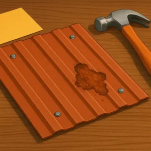a close-up illustration of a rusted metal roof panel next to a claw hammer and yellow notepad, symbolising assessment and repair planning instead of full roof replacement