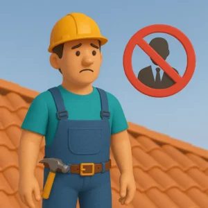 a worried construction worker in safety gear stands in front of a roof with a red no-entry symbol over a businessman's silhouette, illustrating the dangers of hiring unlicensed or agent roofers.