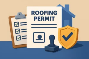 a roofing permit document, checklist clipboard, house icon, approval stamp, and shield arranged to represent the permitting process and compliance requirements for roofing work in florida