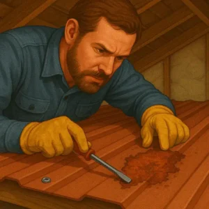 a realistic illustration of a gloved inspector examining rust on a metal roof panel with a tool, illustrating careful damage assessment before planning repairs