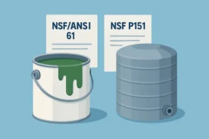 an open blue paint can, a grey rainwater tank, and two certification labels marked NSF/ANSI 61 and NSF P151 represent safe roof coatings compatible with water harvesting systems.
