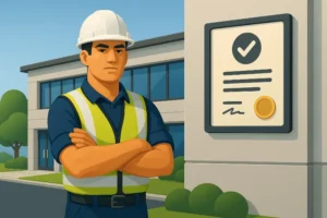 a licensed roofer in safety gear standing outside a commercial building next to a mounted certificate, symbolising the value of hiring a qualified local expert to protect property and meet florida regulations