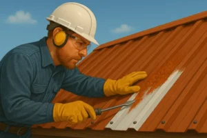 a detailed illustration of a construction worker in full PPE inspecting rust on a metal roof with a screwdriver, highlighting safety and compliance practices in roof repair