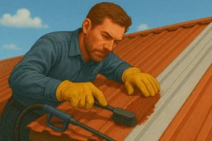 a realistic illustration of a worker scraping rust off a metal roof with a wire brush, demonstrating key surface preparation before protective coating