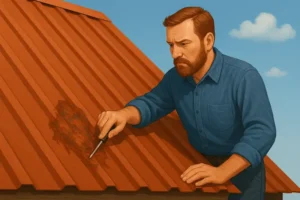 a realistic illustration of a concerned worker inspecting a large rust patch on a metal roof with a screwdriver, symbolising the urgency of early rust control and prevention