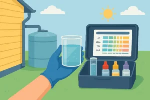 a gloved hand holds a beaker of rainwater beside an open water testing kit showing pH and chemical scales, set outside a yellow house with a water tank under a sunny sky.