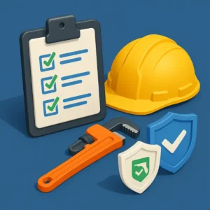 a hard hat, checklist, pipe wrench, and multiple shield icons arranged to represent different contractor classifications and their authorisations in florida’s licensing system