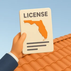 a hand holding a florida-shaped roofing license against a tiled roof and clear sky, representing the importance of verifying contractor licensing in florida.