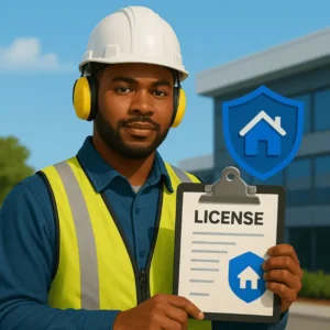 a construction worker in safety gear holding a license clipboard with a building symbol on a shield, representing the types of work covered by a roofing license in Florida