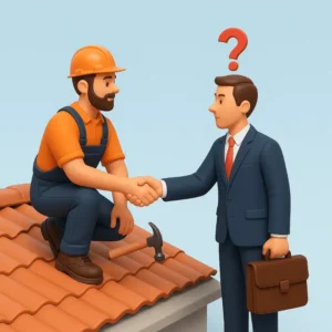a roofer in safety gear kneels on a roof shaking hands with a man in a suit holding a briefcase, with a red question mark above them, illustrating the confusion between licensed roofers and unlicensed agents in florida.