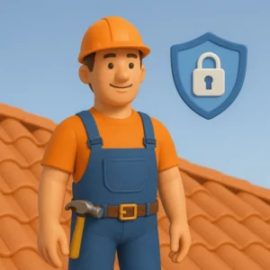a smiling licensed roofer in orange and blue safety gear stands on a terracotta roof next to a blue security shield with a padlock symbol, representing safety and accountability.