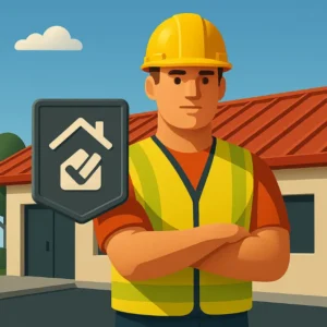 a roofer in a safety vest and hard hat standing in front of a commercial building with arms crossed and a certification plaque beside him, representing qualified roofing