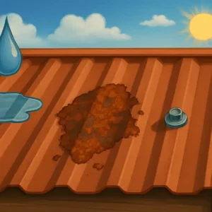 a close-up digital illustration of a rusty metal roof showing pooled water, sunlight, and a corroded patch to depict common causes and early signs of rust