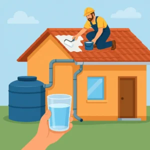 a roofer applies a white coating to a terracotta roof while rainwater flows into a blue tank and a glass, illustrating the connection between roof coatings and water collection quality.