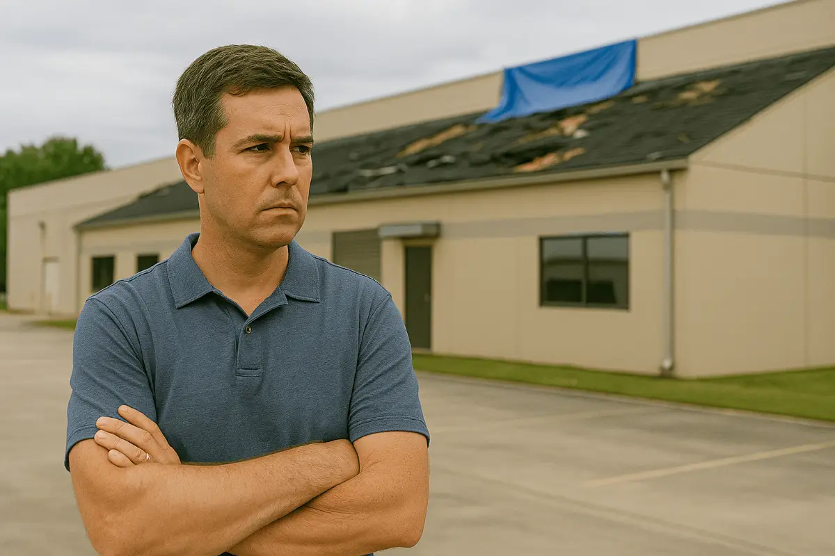 a concerned commercial property owner stands in front of a building with a tarp-covered roof, highlighting the risks of hiring an unlicensed commercial roofing contractor