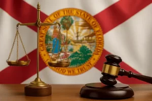 a gavel and brass balance scale in front of the Florida state flag, symbolising the legal consequences of hiring unlicensed contractors for commercial roofing project