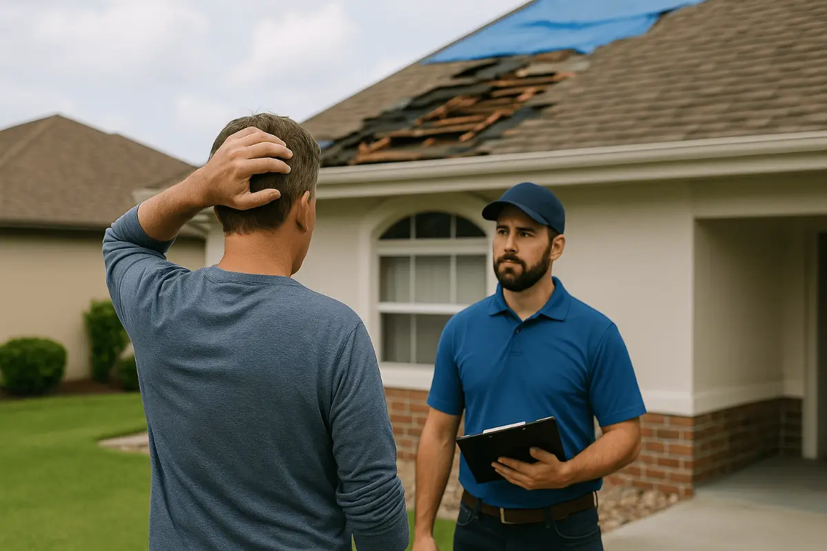 a homeowner and a contractor discussing roof damage outside a single-story home with storm-torn shingles and a blue tarp
